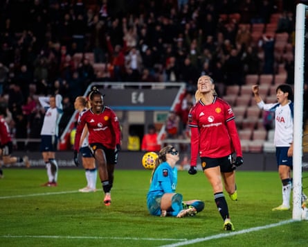 Fridolina Rolfö celebrates scoring her teams third goal during the Women's Super League match between Manchester United and Tottenham Hotspur