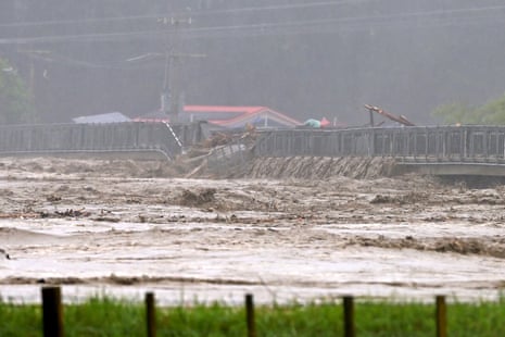 Redcliffe Bridge is closed off as debris piles up along the Tūtaekurī River in Napier on Tuesday.