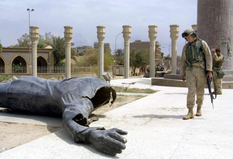 The toppled Saddam statue in Fardous Square, Baghdad on 10 April 2003.