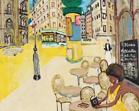 A Sister in Paris, 2013, a painting depicting a woman in a yellow dress sitting at a cafe on a paris street corner
