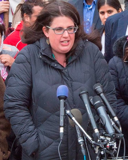 Becca Heller speaks to the media outside the US district court in Greenbelt, Maryland, in March.