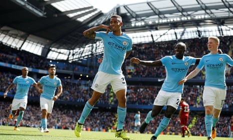 Gabriel Jesus (centre) celebrates after scoring Manchester City’s second goal just before half-time.