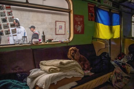 A dog is seen inside a subway carriage in Kharkiv’s Maidan Konstytutsii Metro Station, where people have been sheltering since the beginning of the war.