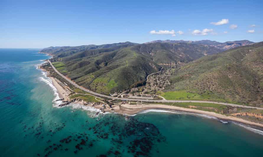 Aerial view of the Pacific Coast Highway as it runs past Leo Carrillo state park in Malibu, California.