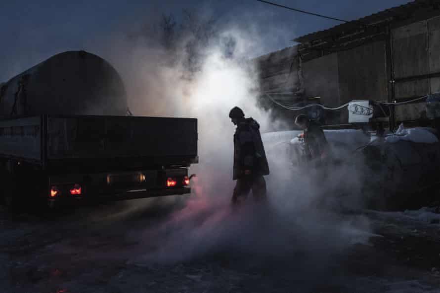 Outside a liquid nitrogen and dry ice factory called Pole of Cold at the periphery of Moscow during stockpiling operations. This company was founded by Russian transhumanists Eugeny Zimin and Andrey Shvedko, who previously worked for Kriorus. The cost of liquid nitrogen is about 10 rubles (£0.1) per litre while the cost of dry ice is higher, about 80 rubles (£0.8) per kg.