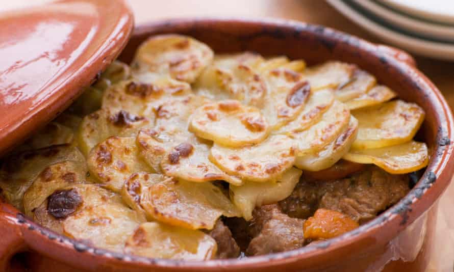 Lancashire Hot Pot, a long slow casserole of lamb, onions and finely sliced potato.