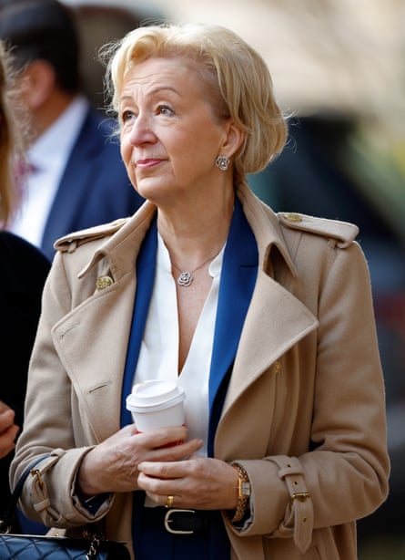 Dame Andrea Leadsom holding a cup of coffee