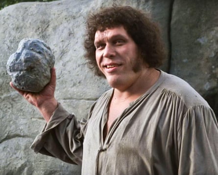 Andre the Giant wielding a rock, in a scene from the princess bride