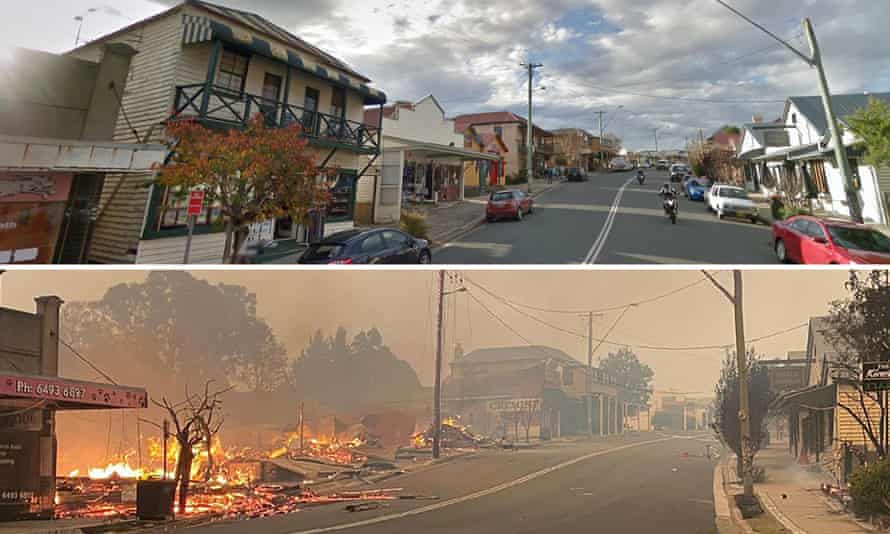 The main street of Cobargo, NSW, before and after bushfires