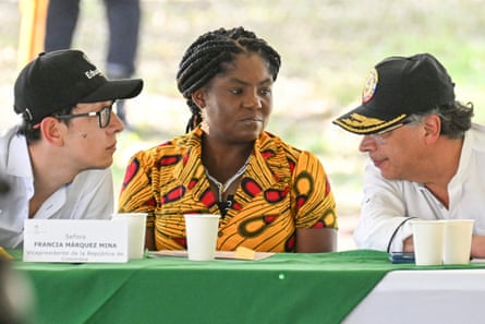 President Gustavo Petro, Vice-President Francia Marquez and Minister of Education Daniel Rojas chat during the inauguration of a branch of the Universidad del Valle in Suarez, department of Cauca, Colombia February 2025.