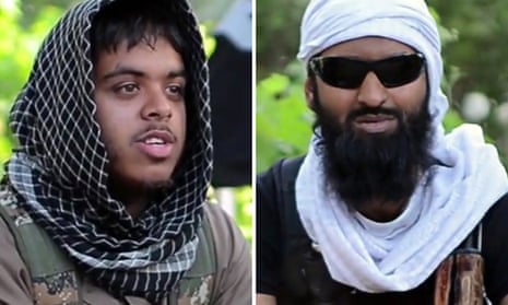 Screengrabs taken from a militant video posted on YouTube of British citizens Reyaad Khan, left, and Ruhul Amin, who were killed in an RAF drone attack in Syria, where they were fighting for Islamic State.