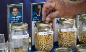2020 Presidential Candidate Pete Buttigieg Speaks At Iowa State Fair Soapbox<br>An attendee casts a corn kernel supporting former U.S. Vice President Joe Biden, 2020 Democratic presidential candidate, in a straw poll during the Iowa State Fair.