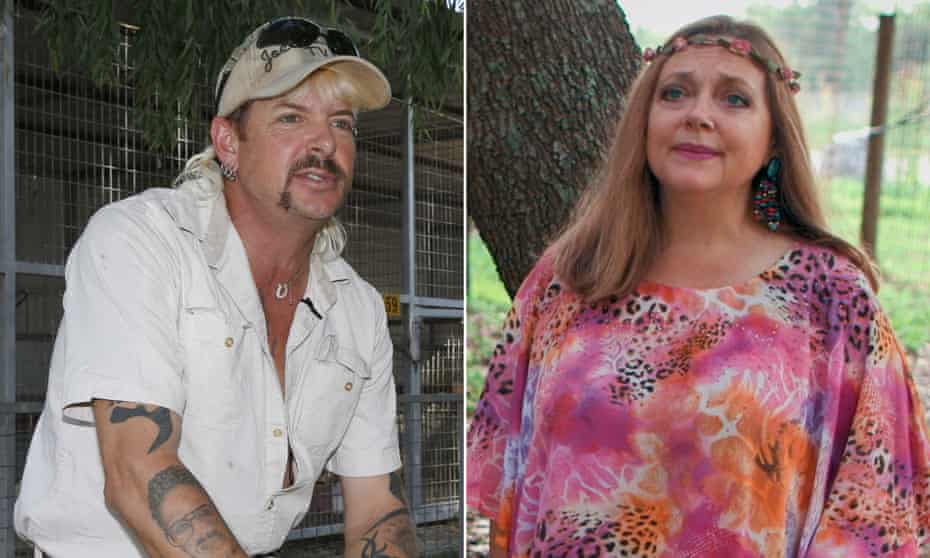 Carole Baskin, right, is suing the producers of Tiger King 2, starring Joe Exotic, left.