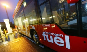 A hydrogen powered bus is refuelled at a depot in London.