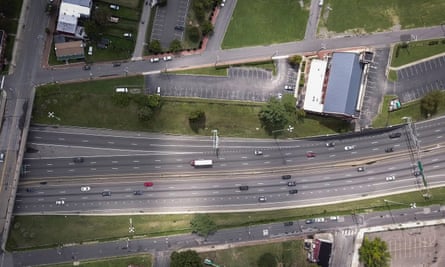 A shot of the I-95 in Jackson Ward, showing the road bending around the Sixth Mount Zion Baptist Church.