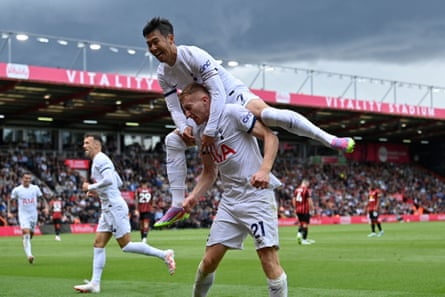 Dejan Kulusevski and Son Heung-min enjoy the moment as Spurs score against Bournemouth.