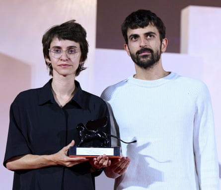 Rachel Szor and Yuval Abraham with their special jury prize for NAZA.