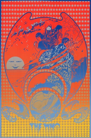 Hapshash &amp; the Coloured Coat, The Who, I Can See For Miles, 1967‘This poster was a promotion for The Who’s latest single from the album The Who Sell Out. Michael English said: “All the underground posters are packed with secret signs, prehistoric forms and flying saucers. We believed and adopted anything that contradicted the rational world: our science was rooted in alchemy and black magic.” Roger Daltrey blows bubbles, Pete Townshend holds a sparkler, and Keith Moon prepares to launch what looks ominously like a grenade’