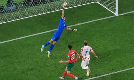 Mislav Orsic (not pictured) of Croatia scores the team’s second goal past Yassine Bono of Morocco.