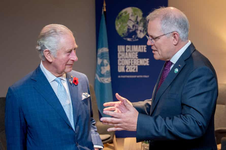 Scott Morrison greets Prince Charles ahead of their bilateral meeting on day three of Cop26
