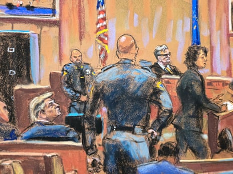 Judge Juan Merchan presides as prosecutor Susan Hoffinger stands at the podium as former US President Donald Trump sits beside his lawyer Emil Bove in Manhattan state court in New York City, U.S. April 19, 2024 in this courtroom sketch.