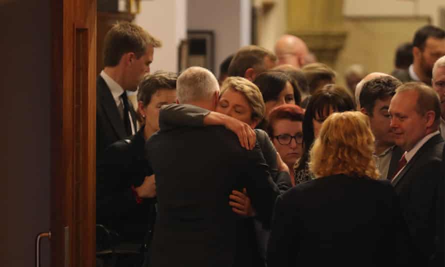 Labour MP Yvette Cooper is comforted as she leaves St Peter’s Church.