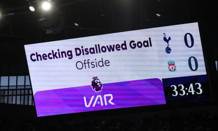 The giant screen in Spurs’ stadium shows that VAR is checking a disallowed goal