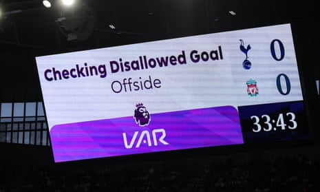 The giant screen shows a goal from Luis Diaz of Liverpool being checked for offside by VAR.