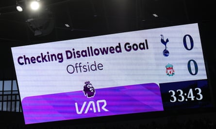 A large screen at the Tottenham Hotspur Stadium shows Luis Díaz’s goal for Liverpool there last month had been ruled out for offside. It was the wrong decision