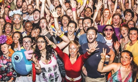Publicity image of a large crowd of partygoers at a Morning Gloryville event