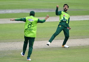 Shadab celebrates the wicket of Banton.