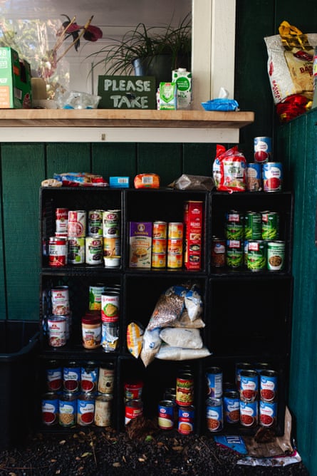 a shelf filled with food