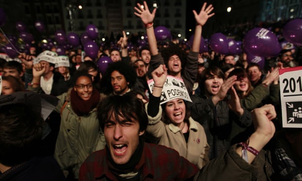 Podemos supporters celebrate the election results in December