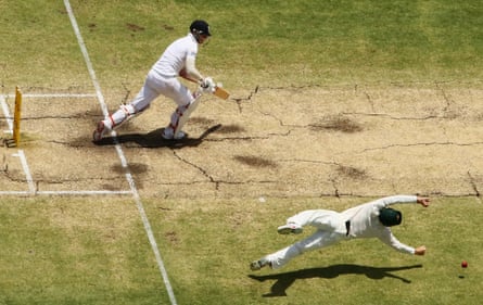 Ben Stokes swipes the ball past a diving Steve Smith during his innings of 120 in Perth in 2013, the future England captain’s maiden Test century.