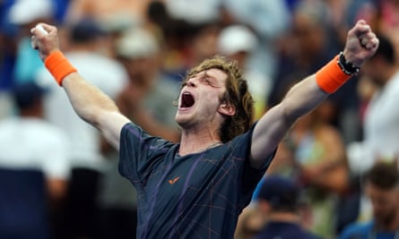 Andrey Rublev celebrates after his victory over Jack Draper