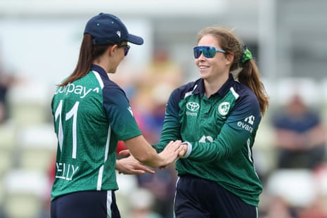 Cara Murray of Ireland celebrates after taking the wicket of England’s Freya Kemp.