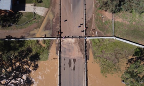Aerial view of flood water around a road
