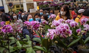 People browse for flowers at a Lunar New Year market in Hong Kong, 28 January 2022. The Lunar New Year falls on 1 February 2022 and will welcome the year of the Tiger.