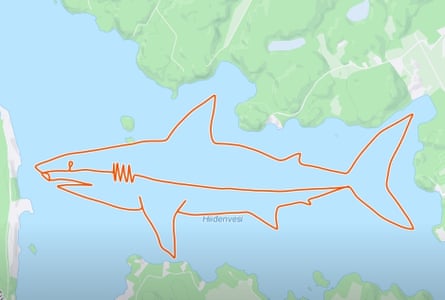 Samppa Tölli’s Strava image of a 16km great white shark that he etched with skates on to a frozen lake in Finland