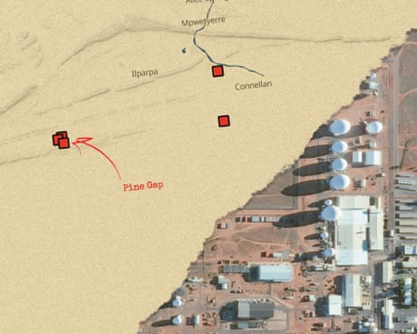 Pine Gap on a map and from the air, one of the most important US military bases in Australia