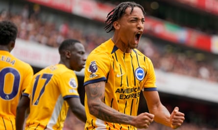 Brighton’s João Pedro celebrates equalising as his side capitalise on a rebound