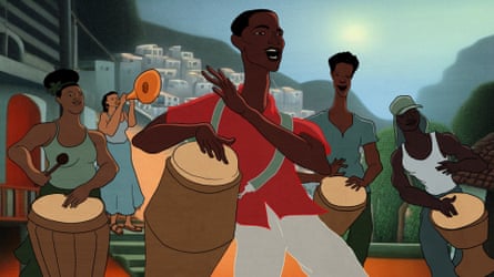 Illustration of dark-skinned men playing side drums.