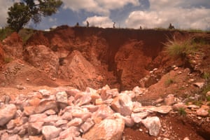 Rose quartz lies in the sun at the edge of a mine near Anjoma Ramartina in Madagascar.