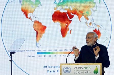 Prime minister Narendra Modi speaking at the International solar alliance launch ceremony at the 2015 COP21 climate conference in Paris