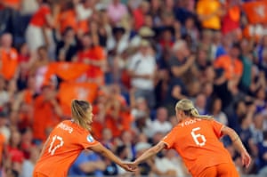 The Netherlands’ Victoria Pelova celebrates pinch her teammate Jill Roord aft scoring against France