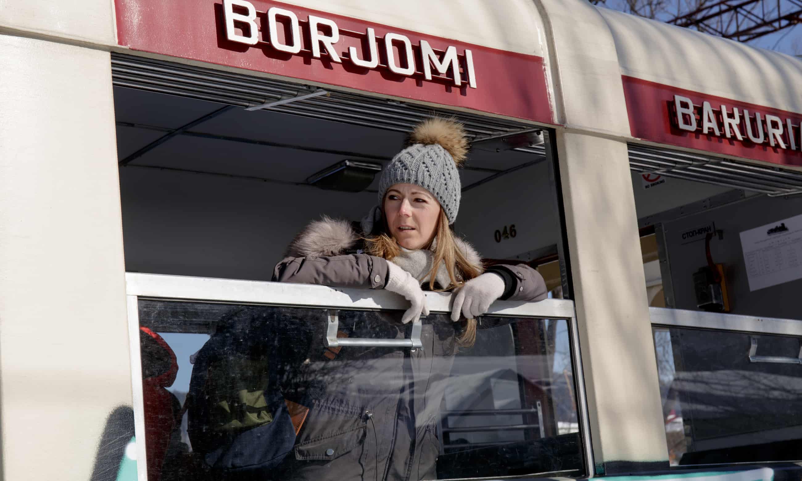 Pip Batty on a mountain train from Bakuriani in Georgia