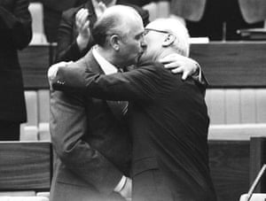 April 21, 1986. Then Soviet Leader Mikhail Gorbachev (L) congratulates the East German Leader Erich Honecker with a fraternal hug and kiss after Honecker’s re-election as General Secretary of the Communist Party Congress in East Berlin.
