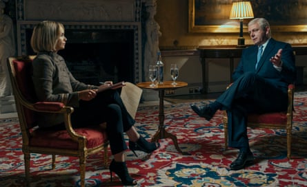 Actor Michael Sheen as Prince Andrew and Ruth Wilson as journalist Emily Maitlis in A Very Royal Scandal