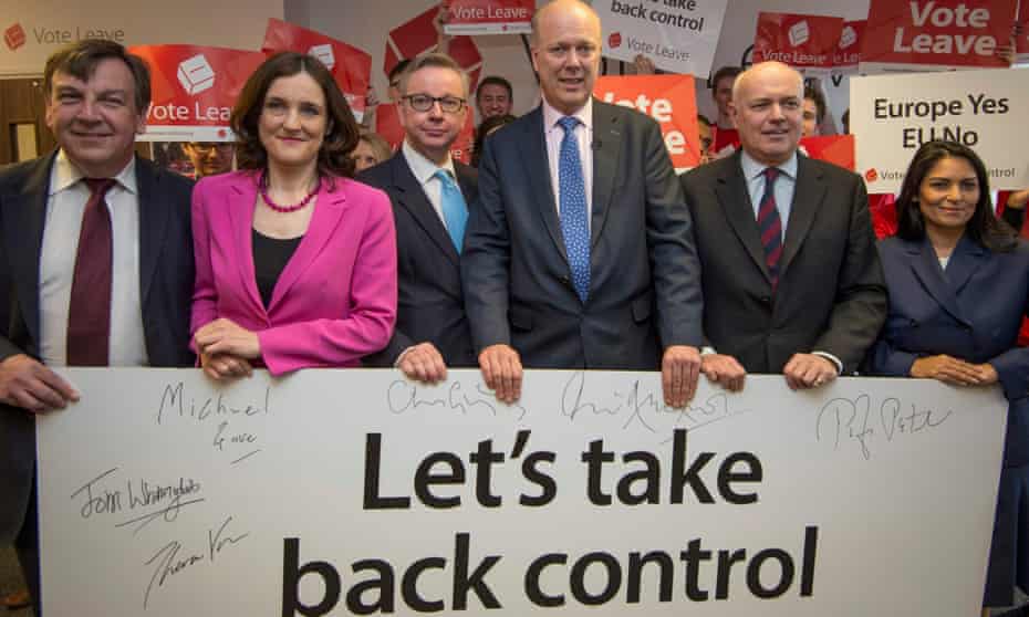 John Whittingdale, Theresa Villiers, Michael Gove, Chris Grayling, Iain Duncan Smith and Priti Patel at the launch of the Vote Leave campaign, February 2016.