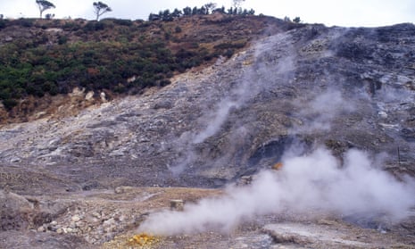 A smoking volcanic crater.